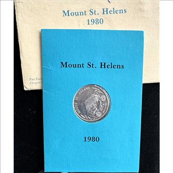 RARE COIN, MOUNT ST HELENS, SERIAL #2045 OF ONLY 5000 MINTED, COMMEMORATIVE 1oz .999 FINE SILVER, IN SEALED ORIGINAL PKG, COA, ENVELOPE