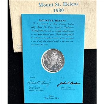 RARE COIN, MOUNT ST HELENS, SERIAL #2045 OF ONLY 5000 MINTED, COMMEMORATIVE 1oz .999 FINE SILVER, IN SEALED ORIGINAL PKG, COA, ENVELOPE