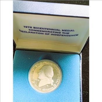 1976 BICENTENNIAL MEDAL COMMEMORATING THE DECLARATION OF INDEPENDENCE, SILVER PROOF IN ORIG CAPSULE, CASE, GEM COIN