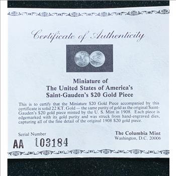 GOLD COIN, SOLID 22 KT MINIATURE 1908  $20 SAINT-GAUDEN, UNC PROOF-LIKE, IN ORIG BOX WITH COA