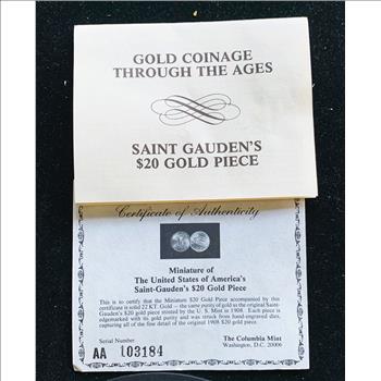 GOLD COIN, SOLID 22 KT MINIATURE 1908  $20 SAINT-GAUDEN, UNC PROOF-LIKE, IN ORIG BOX WITH COA