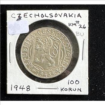 1948 .500 SILVER CZECHOSLOVOKIA 100 KORUN BRILLIANT UNCIRCULATED BRIGHT LUST COIN