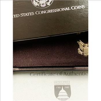 1989 US CONGRESSIONAL COIN SET, PROOF SILVER DOLLAR & PROOF HALF DOLLAR, ORIG US MINT CAPSULES, CASE, BOX, COA