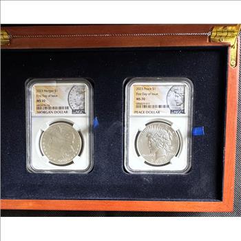 2023 NGC HIGH GRADES (TWO COINS) MS-70 MORGAN DOLLAR AND PEACE DOLLARS, FIRST DAY OF ISSUE, IN ORIG WOULD DISPLAY CASE
