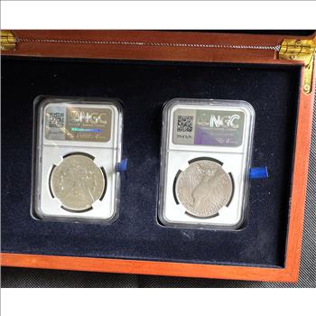 2023 NGC HIGH GRADES (TWO COINS) MS-70 MORGAN DOLLAR AND PEACE DOLLARS, FIRST DAY OF ISSUE, IN ORIG WOULD DISPLAY CASE