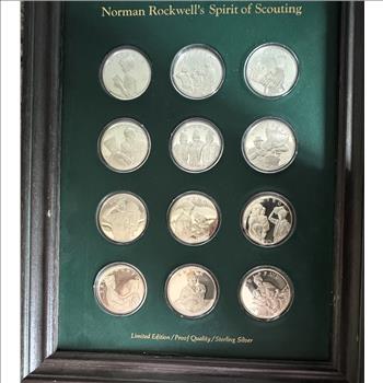 NORMAN ROCKWELL'S SPIRIT OF SCOUTING 12 COINS PROOF QUALITY STERLING SILVER, LIMITED EDITION SET IN ORIG CAPSULES & QUALITY DISPLAY FRAME