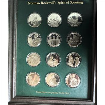 NORMAN ROCKWELL'S SPIRIT OF SCOUTING 12 COINS PROOF QUALITY STERLING SILVER, LIMITED EDITION SET IN ORIG CAPSULES & QUALITY DISPLAY FRAME