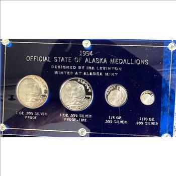 1994 OFFICIAL STATE OF ALASKA, RARE MEDALLIONS, PROOF & PROOF LIKE SILVER BEAR 4 COIN SET IN ORIG HARD CASE