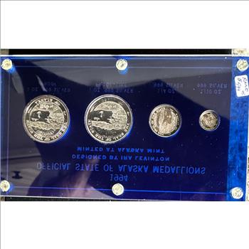 1994 OFFICIAL STATE OF ALASKA, RARE MEDALLIONS, PROOF & PROOF LIKE SILVER BEAR 4 COIN SET IN ORIG HARD CASE