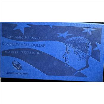 U.S. MINT 50TH ANNIVERSARY 4 COIN KENNEDY SILVER HALF DOLLAR SET, INCLUDING REVERSE PROOF, IN ORIG MINT PKG, COA, DISPLAY