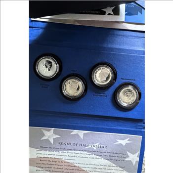 U.S. MINT 50TH ANNIVERSARY 4 COIN KENNEDY SILVER HALF DOLLAR SET, INCLUDING REVERSE PROOF, IN ORIG MINT PKG, COA, DISPLAY