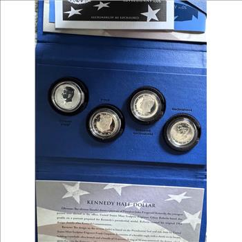 U.S. MINT 50TH ANNIVERSARY 4 COIN KENNEDY SILVER HALF DOLLAR SET, INCLUDING REVERSE PROOF, IN ORIG MINT PKG, COA, DISPLAY
