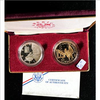 1988 U.S. MINT TWO-PIECE PROOF COMMEMORATIVE AMERICAN SPACE SET, SILVER ASTRONAUT, BRONZE SHUTTLE, COA, ORIG MINT CASE