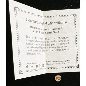 GOLD, MINATURE 14K GOLD 1980 SOUTH AFRICA KRUGERRAND COIN, STRUCK FROM HAND ENGRAVED DIES OF THEINT MONETARY MINT, COA