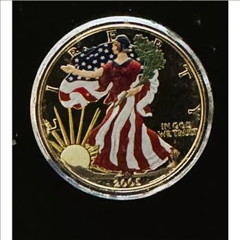 2005 1oz .999 SILVER AMERICAN EAGLE $1 DOLLAR COIN, 24k GOLD PLATED COLORIZED UNBLEMISHED UNC GEM IN A CAPSULE