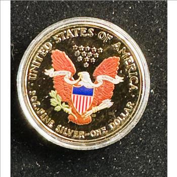 2005 1oz .999 SILVER AMERICAN EAGLE $1 DOLLAR COIN, 24k GOLD PLATED COLORIZED UNBLEMISHED UNC GEM IN A CAPSULE