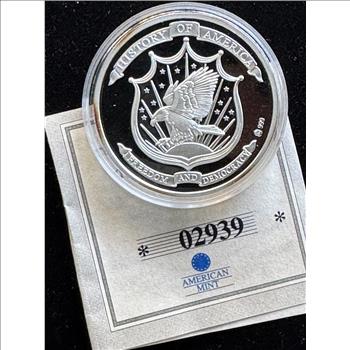 .999 FINE SILVER CAMEO PROOF HISTORY OF THE BATTLE OF LEXINGTON , 20g COIN UNBLEMISHED IN CAPSULE, COA