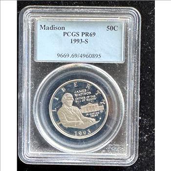 1993-S SILVER PROOF MADISON HALF DOLLAR, GRADED PCGS-PR69 IN THE SLAB