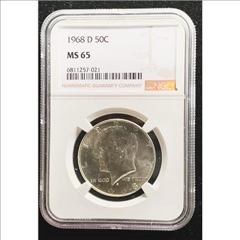 1968-D SILVER KENNEDY 50C, NGC GRADED MS-65, MIRROR SHINY HIGH GRADE COIN IN THE SLAB