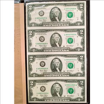 UNCUT SHEET BUREAU OF ENGRAVING & P, UNC CRISP NEW  $2 DOLLAR BILLS, WITH 1ST 3 & LAST 3 SERIAL # THE SAME, IN NICE WORLD RESERVE BOOKLET