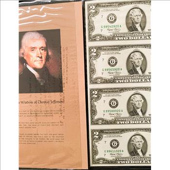 UNCUT SHEET BUREAU OF ENGRAVING & P, UNC CRISP NEW  $2 DOLLAR BILLS, WITH 1ST 3 & LAST 3 SERIAL # THE SAME, IN NICE WORLD RESERVE BOOKLET