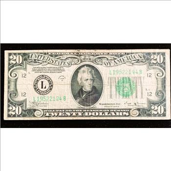 1934 SERIES $20 DOLLAR FEDERAL RESERVE NOTE. GREEN SEAL, SAN FRANCISCO BANK IN SLEVE