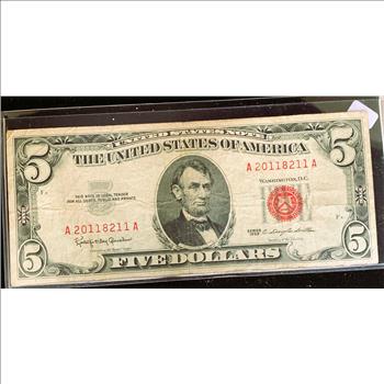 1963 SERIES, $5 DOLLAR FEDERAL RESERVE NOTE, RED SEAL, IN SLEVE