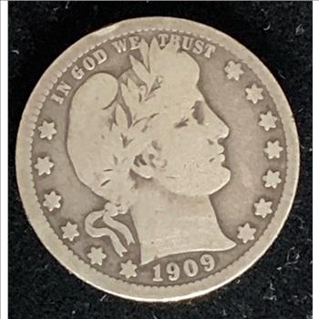 1909 SILVER BARBER QUARTER COIN, LOTS OF DETAIL AND CLARITY