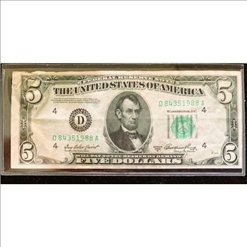 1950 A SERIES, $5 DOLLAR FEDERAL RESERVE NOTE, GREEN SEAL, CRISP IN SLEVE