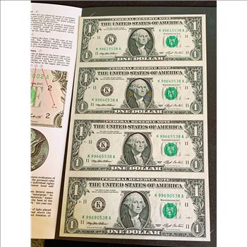 UNCUT SHEET BUREAU OF ENGRAVING & PRINTING, UNC CRISP NEW  1 DOLLAR BILLS, WIT 1ST 3 & LAST 3 SERIAL # THE SAME ON EACH BILL