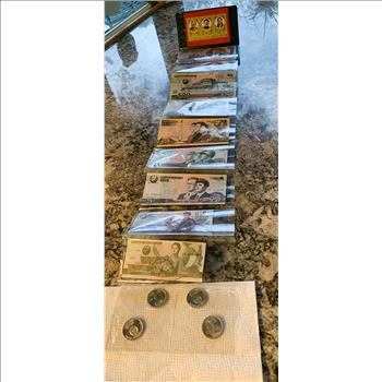 NORTH KOREAN UNCIRCULATED CRISP NOTES & COIN, STAMPS, MONEY PKG, IN COLLECTABLE FOLDER, REALLY NICE, 16 ITEMS & NK HOLDER