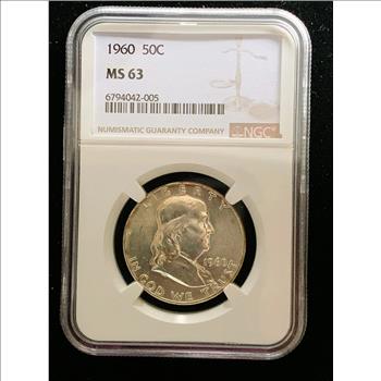 1960 SILVER NGC GRADED MS 63 FRANKLIN 50C IN THE SLAB, BRIGHT SHINY REALLY NICE HIGH GRADE COIN