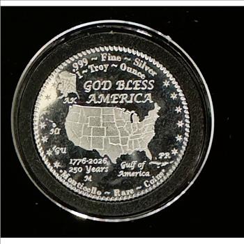 1oz .999 FINE SILVER, PROOF 250th U.S. ANNIVERSARY, RARE LOW MINTAGE, MONTICELLO DETAIL ENGRAVED MINTED COIN