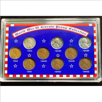 WORLD WAR II LINCOLN PENNY COIN COLLECTION, VINTAGE 1943, 1944, 1945 IN A CASE