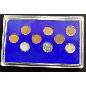 WORLD WAR II LINCOLN PENNY COIN COLLECTION, VINTAGE 1943, 1944, 1945 IN A CASE