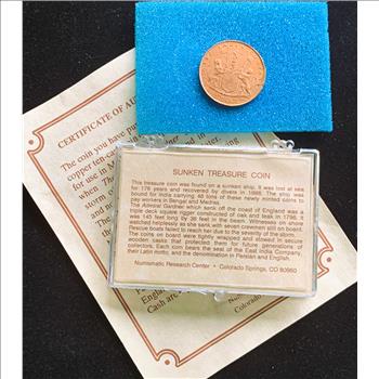 1808 INDIA COIN FROM SUNKEN TREASURE FROM THE ADMIRAL GARDNER SHIP SUNK IN 1809, IN CASE WITH COA