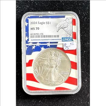 2024 .999 1oz FINE SILVER EAGLE $1 DOLLAR, NGC GRADED MS-70 COIN IN THE SLAB