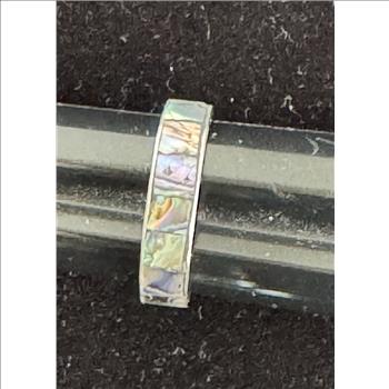 .925 STERLING SILVER HANDCRAFTED RING, SIZE 10, WITH COOL INLAYS