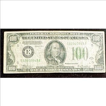 1934 A SERIES $100 DOLLARS FEDERAL RESERVE NOTE, BANK OF RICHMOND VA, GREEN SEAL IN A SLEVE