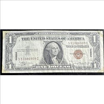 1935 A SERIES HAWAII EMERGENCY WW II NOTE, $1 DOLLAR SILVER CERTIFICATE, CRISP NICE, RED SEAL, IN A SLEVE