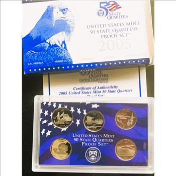 2005-S PROOF SET, US MINT 5 STATEHOOD QUARTER COINS, ORIGINAL US MINT CASE, BOX, COA