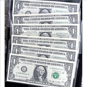 6 CONSECUTIVE SERIAL NUMBERS UNCIRCULATED CRISP $1 DOLLAR BILLS IN SLEVES