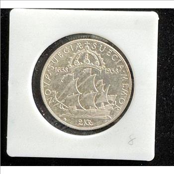 1638-1938 SILVER SWEEDEN 300TH ANNIVERSARY 2 KRONOR BU QUALITY BRIGHT LUSTER COIN