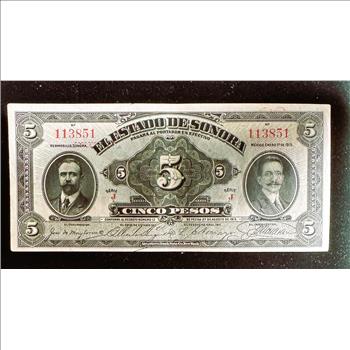 1913 REPUBLICA MEXICANA, SERIE J, 5 PESOS, SONORA MEXICO, CRISP LIKE NEW IN PROTECTIVE SLEEVE