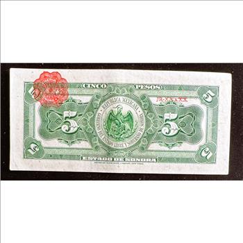 1913 REPUBLICA MEXICANA, SERIE J, 5 PESOS, SONORA MEXICO, CRISP LIKE NEW IN PROTECTIVE SLEEVE