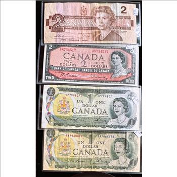 1954 & 1973, 1986 (4) OTTAWA CANADA $1 & $2 DOLLARS, CRISP IN SLEVES
