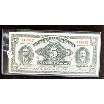 1913 MEXICO SERIE J, 5 PESOS SONORA, CRISP LIKE NEW IN SLEVE