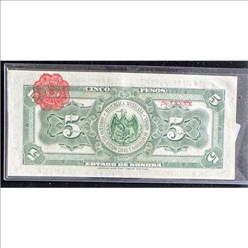 1913 MEXICO SERIE J, 5 PESOS SONORA, CRISP LIKE NEW IN SLEVE