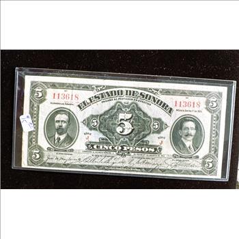 1913 MEXICO SERIE J, 5 PESOS SONORA, CRISP LIKE NEW IN SLEVE