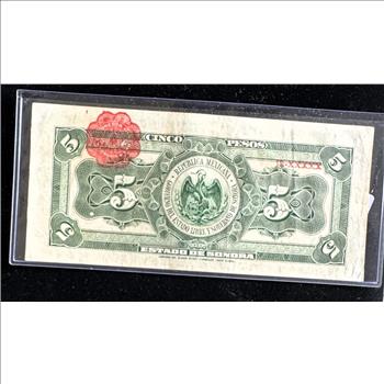 1913 MEXICO SERIE J, 5 PESOS SONORA, CRISP LIKE NEW IN SLEVE